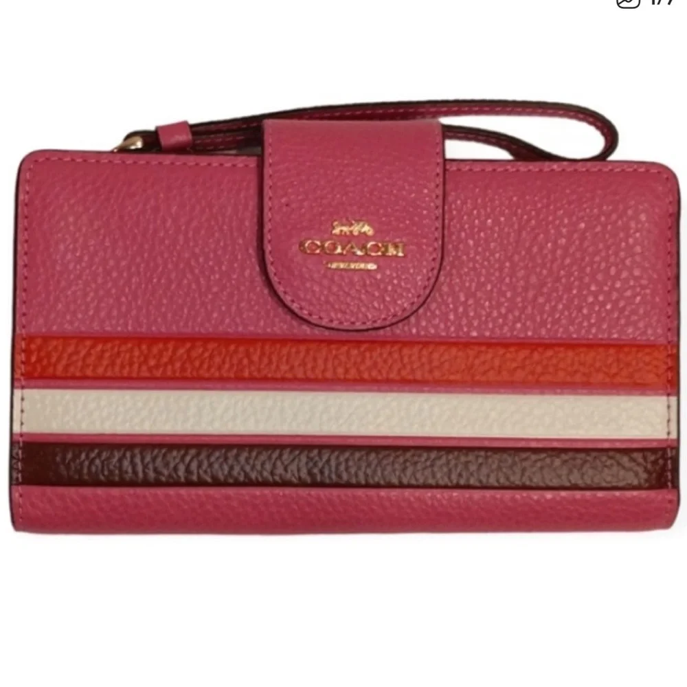 Coach Pink Leather Wristlet Wallet with Stripe Accents - Picture 1 of 11